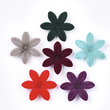 Flocky Acrylic Bead Caps, 6-Petal, Flower, Mixed Color, 34x30x7mm, Hole: 1.5mm