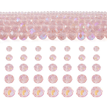 5 Strands 5 Size Transparent Electroplate Glass Beads Strands, Half Rainbow Plated, Faceted, Rondelle, Pink, 3~10x2~8mm Hole: 0.4~1mm, 1 strand/size
