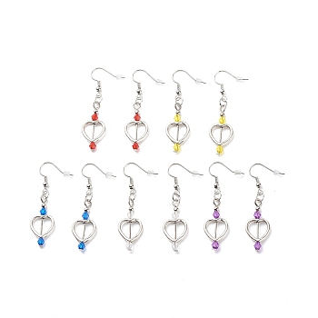 Heart with Acrylic Beaded Dangle Earrings, Platinum Plated Brass Jewelry for Women, Mixed Color, 50mm, Pin: 0.9mm
