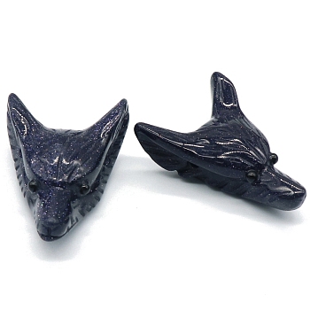 Synthetic Blue Goldstone Carved Wolf Head Figurines, for Home Office Desktop Feng Shui Ornament, 40x30mm