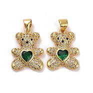 Brass Micro Pave Cubic Zirconia Pendants, Real 18K Gold Plated, Lead Free & Cadmium Free, Bear with Heart, Dark Green, 19.5x14.5x4mm, Hole: 4x3.5mm(KK-K258-24I-G-RS)