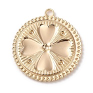 Brass Pendants, Flat Round with Clover Pattern, Real 18K Gold Plated, 33.5x30.5x1.5mm, Hole: 2.8mm(KK-G491-59G)