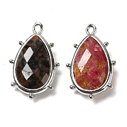 Natural Rhodonite Pendants, with Platinum Brass Edge, Faceted, Teardrop, 22.5x14x5.5mm, Hole: 1.6mm.(G-B009-02P-U)
