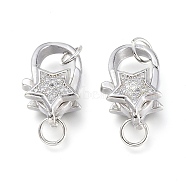 Brass Micro Pave Clear Cubic Zirconia Lobster Claw Clasps, with Jump Rings, Long-Lasting Plated, Star, Platinum, 16.5x10x5.5mm, Hole: 3.5mm(ZIRC-Q024-16P)