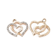Alloy Crystal Rhinestone Pendants, Double Heart Charms, Light Gold, 19x20x4mm, Hole: 2mm(ALRI-C008-45KCG)