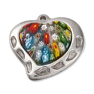 Handmade Millefiore Glass Pendants, Heart, with 304 Stainless Steel Findings, Stainless Steel Color, 29x29.5x6mm, Hole: 1.8mm(STAS-Q342-01P)