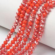 Electroplate Opaque Solid Color Glass Beads Strands, Half Plated, Rainbow Plated, Faceted, Rondelle, Orange Red, 8x6mm, Hole: 1mm, about 65~68pcs/strand, 15.7~16.1 inch(40~41cm)(EGLA-A034-P8mm-J07)