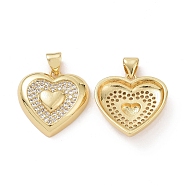 Brass Cubic Zirconia Pendants, Heart Charm, Real 18K Gold Plated, Clear, 19x19x5mm, Hole: 3.5x5mm(KK-G453-02G-02)