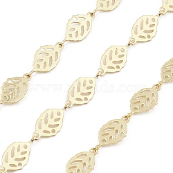 Brass Hollow Leaf Link Chains, Unwelded, with Spool, Real 18K Gold Plated, 15x7x0.5mm(CHC-M025-10G)
