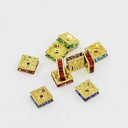 Brass Rhinestone Spacer Beads, Grade A, Golden Metal Color, Square, Mixed Color, 8x8x4mm, Hole: 1mm(RB-A013-8x8-G)