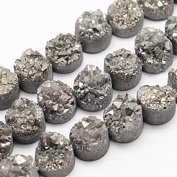 Electroplated Natural Druzy Quartz Crystal Bead Strands, Flat Round, Dyed, Gray, 7~12x5~10mm, Hole: 1.5mm, about 16pcs/strand, 7.8 inch(G-G889-07)