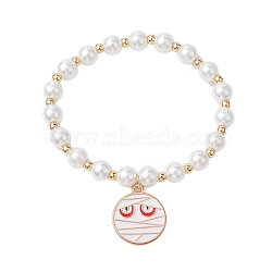 Alloy Enamel Charm Bracelets, Halloween Themed Round Glass Pearl Beaded Stretch Bracelets, Mummy, Inner Diameter: 2-3/8 inch(6cm)(BJEW-JB10851-04)