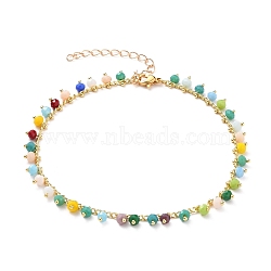 Rondelle Glass Charm Anklets, with Golden Plated Brass Curb Chains and 304 Stainless Steel Lobster Claw Clasps, Colorful, 10 inch(25.4cm)(AJEW-AN00344-05)