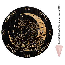 AHADERMAKER Custom PVC Plastic Pendulum Board, with Natural Rose Quartz Stone Pendants, and 304 Stainless Steel Cable Chain Dowsing Divination Board, for Witchcraft Wiccan Altar Supplies, Flat Round, Unicorn Pattern(DIY-GA0004-45D)