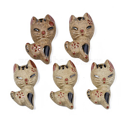 Handmade Porcelain Pendants, Famille Rose Style, Cat, Tan, 46~47x25~28x12~14mm, Hole: 3~3.5mm(PORC-N004-119)
