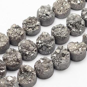 Electroplated Natural Druzy Quartz Crystal Bead Strands, Flat Round, Dyed, Gray, 7~12x5~10mm, Hole: 1.5mm, about 16pcs/strand, 7.8 inch
