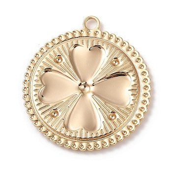 Brass Pendants, Flat Round with Clover Pattern, Real 18K Gold Plated, 33.5x30.5x1.5mm, Hole: 2.8mm