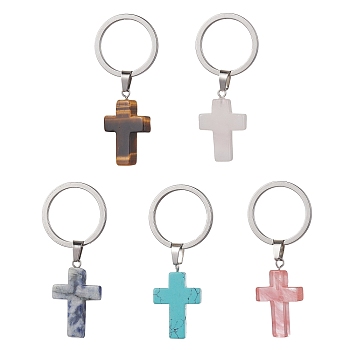 Synthetic & Natural Mixed Gemstone Keychains, with 304 Stainless Steel Split Key Rings, Cross, 5.6cm, Cross: 37.5x18x5.5mm