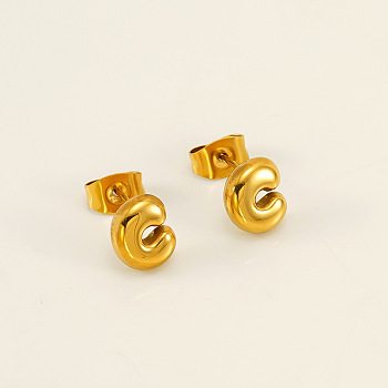Chunk Letter 304 Stainless Steel Stud Earrings for Women, Real 18K Gold Plated, Letter C, 7.5~8.5x5~10.5mm