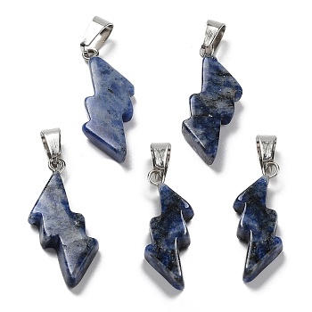 Natural Lapis Lazuli Pendants, Lightning Bolt Charms with Stainless Steel Color Plated 201 Stainless Steel Snap on Bails, 31~33x13~14x5mm, Hole: 7.5x4.5mm