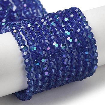 Electroplate Transparent Glass Beads Strands, Faceted, Round, Rainbow Plated, Medium Blue, 4mm, Hole: 0.7mm, about 88~95pcs/strand, 12.99~14.06 inch(33~35.7cm)