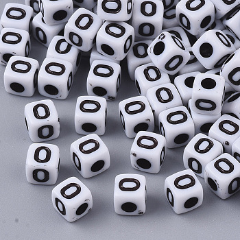 White Opaque Acrylic Beads, Horizontal Hole, Cube with Black Alphabet, Letter.O, 4~5x4~5x4~5mm, Hole: 1.8mm, about 6470~6500pcs/500g