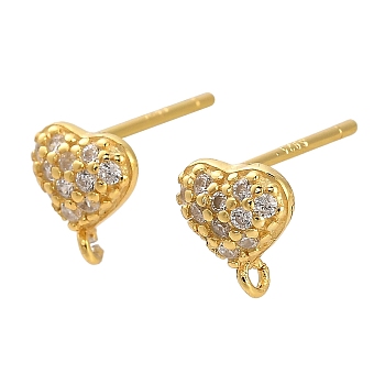 925 Sterling Silver Ear Stud Findings, with Cubic Zirconia, Heart, 7.5x7mm, Hole: 1mm, Pin: 11x0.9mm