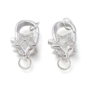 Brass Micro Pave Clear Cubic Zirconia Lobster Claw Clasps, with Jump Rings, Long-Lasting Plated, Star, Platinum, 16.5x10x5.5mm, Hole: 3.5mm