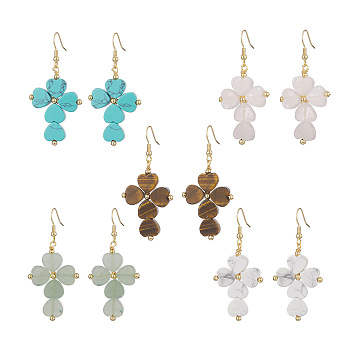 Natural & Synthetic Mixed Gemstone Cross Dangle Earrings, Golden 304 Stainless Steel Jewelry for Women, 57~59mm, Pin: 0.7mm