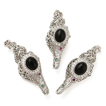 Natural Obsidian Pendants, Rack Plating Brass Colorful Rhinestone Shell Shape Charms, Lead Free & Cadmium Free, Platinum, 49x20x19mm, Hole: 7x3mm