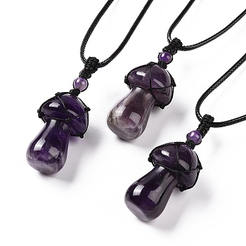 Natural Amethyst Mushroom Pendant Necklace, Wax Rope Macrame Pouch Braided Necklace for Women, 29.92 inch(76cm)
