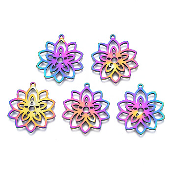Ion Plating(IP) 201 Stainless Steel Pendants, Flower, Rainbow Color, 28x25x1.5mm, Hole: 1.4mm