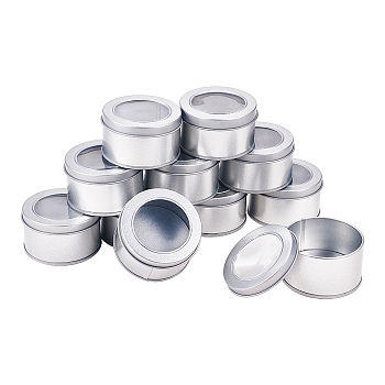 Round Iron Tin Cans, Iron Jar, Storage Containers for Jewelry Beads, Candies, with Slip-on Lid and Clear Window, Platinum, 6.9x4cm, 12pcs/box