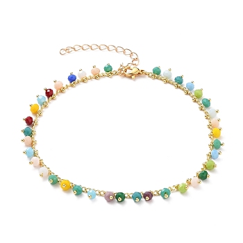Rondelle Glass Charm Anklets, with Golden Plated Brass Curb Chains and 304 Stainless Steel Lobster Claw Clasps, Colorful, 10 inch(25.4cm)