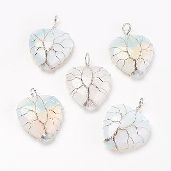 Opalite Pendants, with Brass Findings, Heart, Platinum, 39~42x30~31x10~11mm, Hole: 5mm
