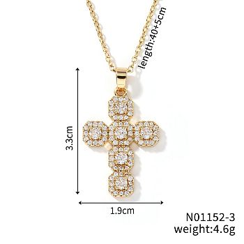 Brass Shiny Clear Cubic Zirconia Cross Pendant Necklaces Fashionable and Versatile, Golden, 15.75 inch(40cm)