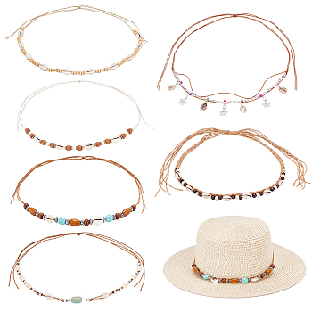 6Pcs 6 Styles Shell Hat Belts, Waxed Cord Hat Band for Hat Accessories, Mixed Color, 1240~1435x1~9mm, 1pc/style
