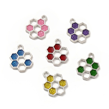 Alloy Enamel Pendants, Honeycomb Charm, Platinum, Mixed Color, 19x15x1.5mm, Hole: 2mm