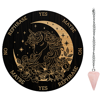 AHADERMAKER Custom PVC Plastic Pendulum Board, with Natural Rose Quartz Stone Pendants, and 304 Stainless Steel Cable Chain Dowsing Divination Board, for Witchcraft Wiccan Altar Supplies, Flat Round, Unicorn Pattern