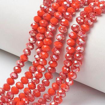Electroplate Opaque Solid Color Glass Beads Strands, Half Plated, Rainbow Plated, Faceted, Rondelle, Orange Red, 8x6mm, Hole: 1mm, about 65~68pcs/strand, 15.7~16.1 inch(40~41cm)