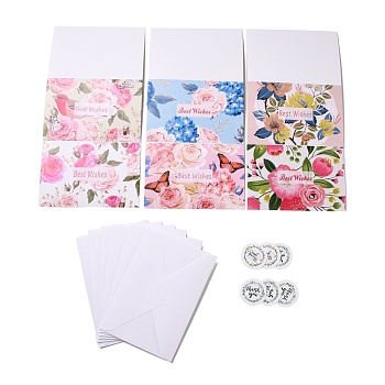 Rectangle Paper Greeting Cards, with Rectangle Envelope and Flat Round Self Adhesive Paper Stickers, Easter Day Wedding Birthday Invitation Card, Flower Pattern, 110x160x1mm