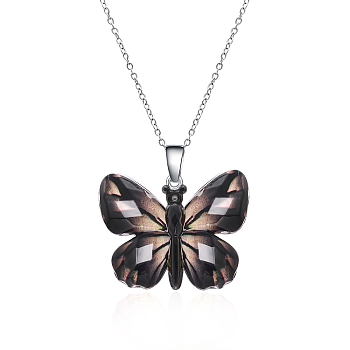 Butterfly Resin Pendant Necklaces, Stainless Steel Cable Chain Necklaces, Stainless Steel Color, Coconut Brown, 14.96 inch(38cm)