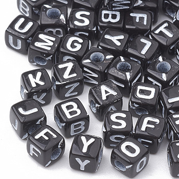 Opaque Horizontal Hole Acrylic Beads, Mixed Letters, Cube, Black & White, Mixed, 5x5x5mm, Hole: 2mm, about 500pcs/50g