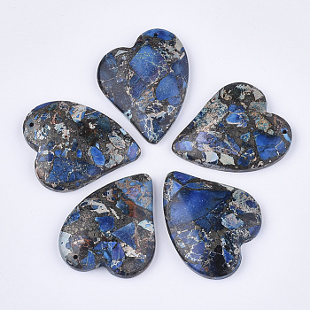 Synthetic Gold Line Regalite/Imperial Jasper/Sea Sediment Jasper Pendants, Dyed, Heart, Royal Blue, 39.5x35x6.5mm, Hole: 1.4mm