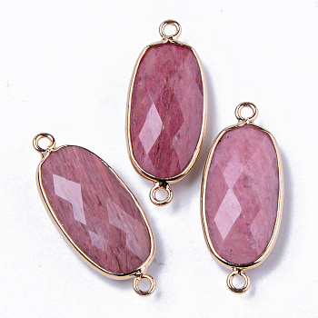 Natural Rhodochrosite Links Connectors, with Light Gold Plated Edge Brass Loops, Oval, Faceted, 27x11x5.5mm, Hole: 2mm