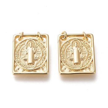 Brass Pendants, with Jump Rings, Long-Lasting Plated, Rectangle with Saint Benedict Medal/Saint Benedict, Real 18K Gold Plated, 18.5x14.5x2mm, Hole: 2.2mm