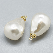 ABS Plastic Imitation Pearl Pendants, with Brass Findings, teardrop, Real 18K Gold Plated, Creamy White, 21.5x14x14mm, Hole: 0.5mm(KK-S347-094)