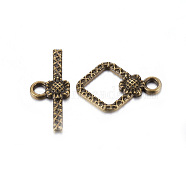 Tibetan Style Toggle Clasps, Lead Free & Cadmium Free & Nickel Free, Rhombus, Antique Bronze Color, Size: Rhombus: about 21mm long, 15mm wide, 2mm thick, Bar: 24mm long, 10mm wide, 2mm thick, hole: 2mm(X-TIBEB-A101564-AB-FF)