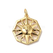 Rack Plating Brass Pendants, with Jump Ring, Cadmium Free & Nickel Free & Lead Free, Octagon with Sun, Real 18K Gold Plated, 19.5x17.5x4mm, Hole: 3.6mm(KK-H431-32G)