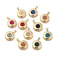 Rack Plating Brass Pendants, Polygon Shaped Glass Charms, Long-Lasting Plated, Cadmium Free & Lead Free, Real 18K Gold Plated, Flat Round, Mixed Color, 21x18x7mm, Hole: 3x5.5mm(KK-I710-05)